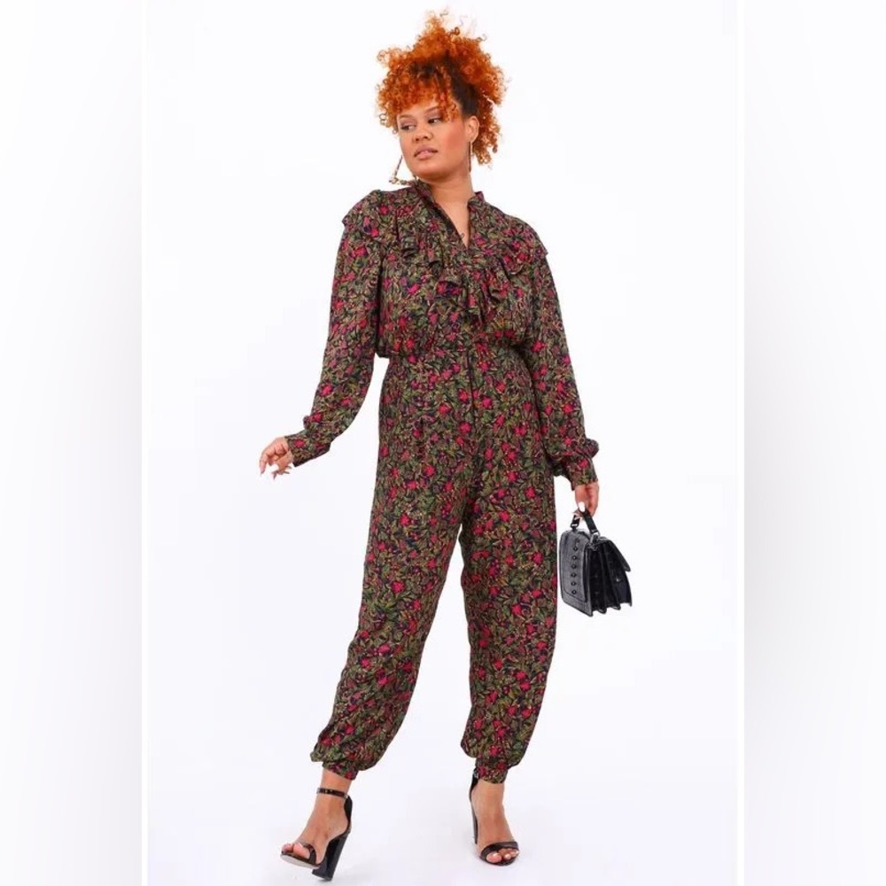 Farm Rio Tropical Rainforest Floral Bohemian Long sleeved Ruffle Pant Jumpsuit